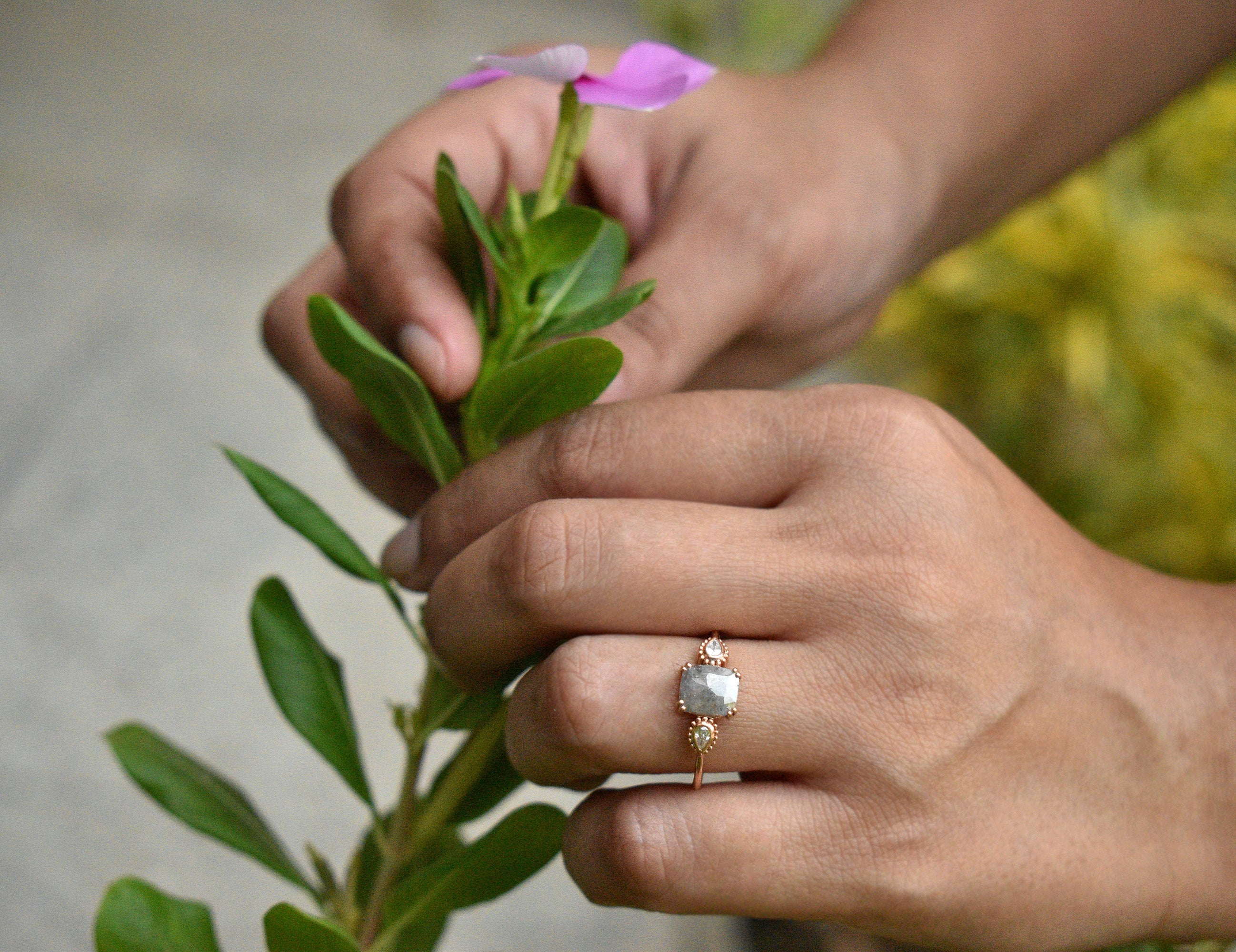 Oval Rose Cut Diamond Equilibrium Ring