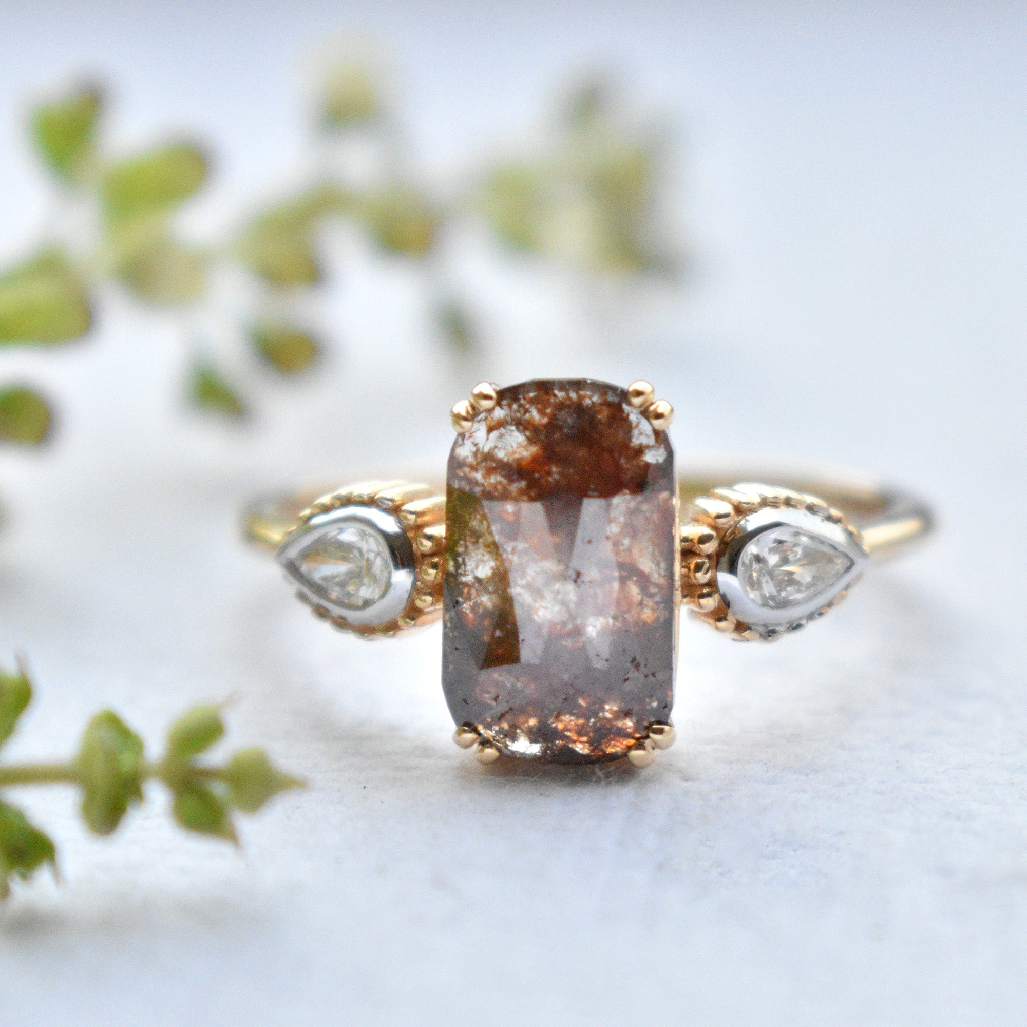 Brown Rosecut 3 Diamond Engagement Ring with Natural White Pear Diamond Accents in Solid 14K Yellow Gold