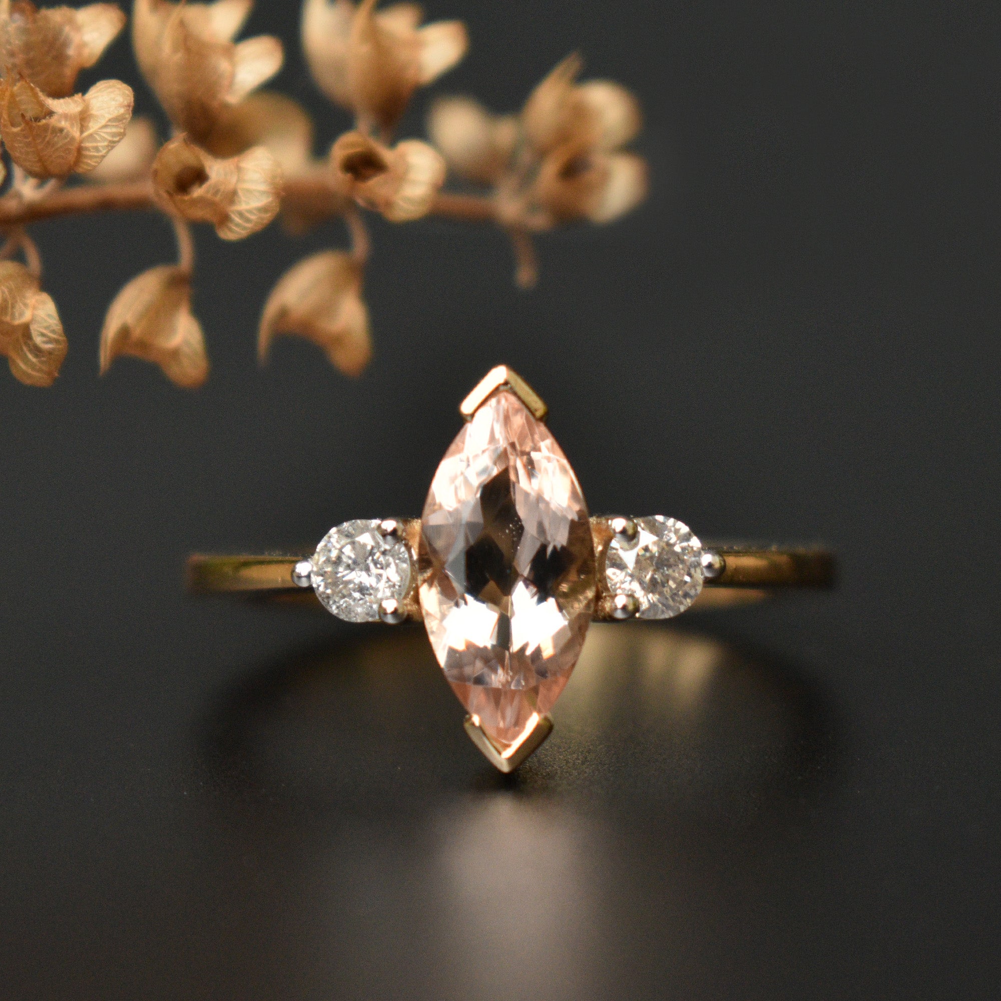 10x5mm Marquise Morganite & Salt and Pepper Diamond Engagement Ring