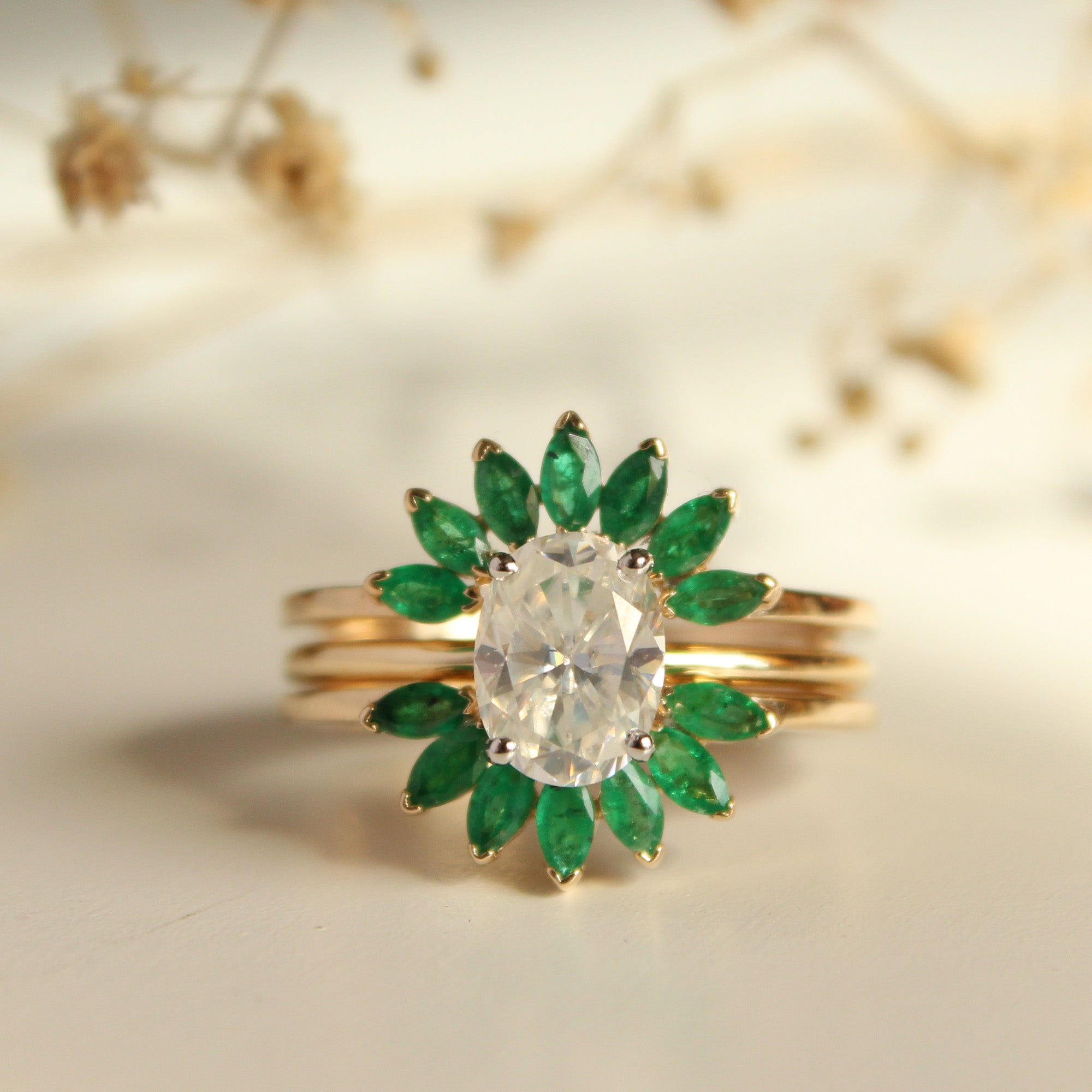 Oval Moissanite Ring & Natural Green Emerald Wrap Enhancer Bridal Set