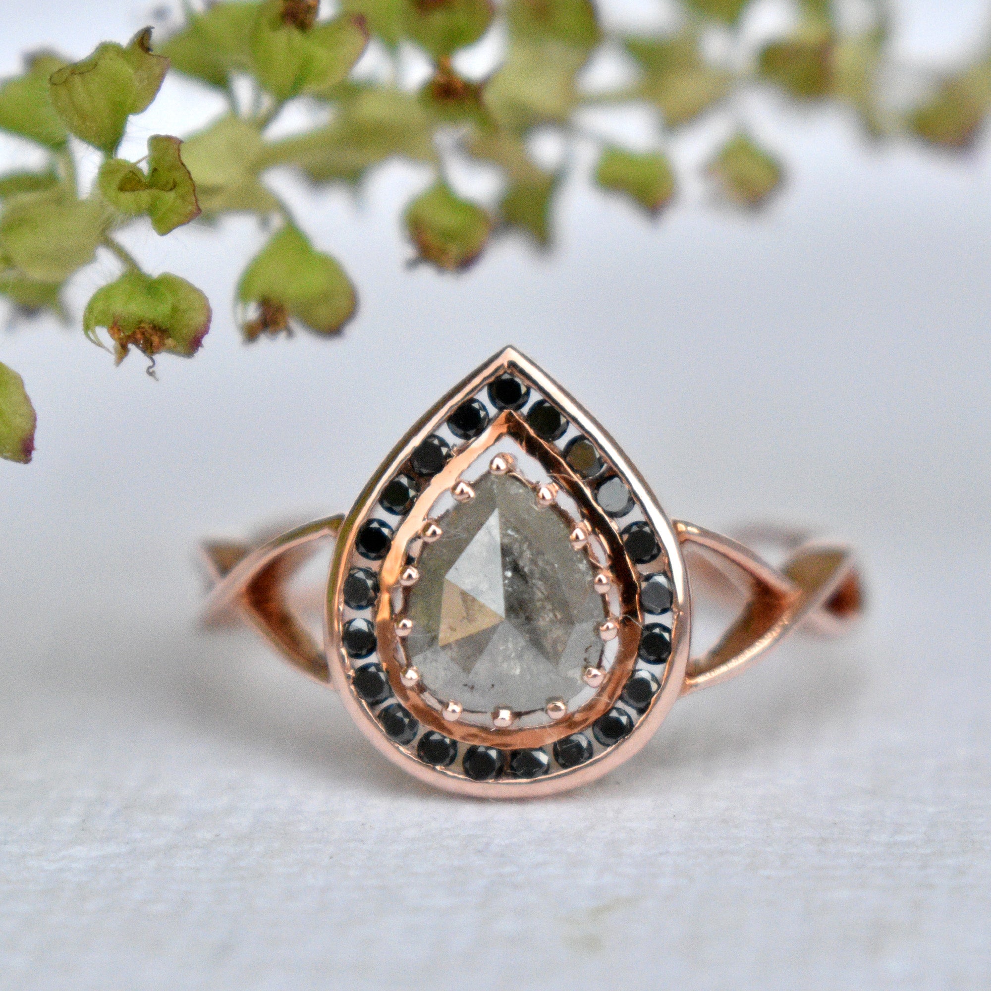 Salt & Pepper Pear Diamond with Black Halo Alternate Engagement Ring