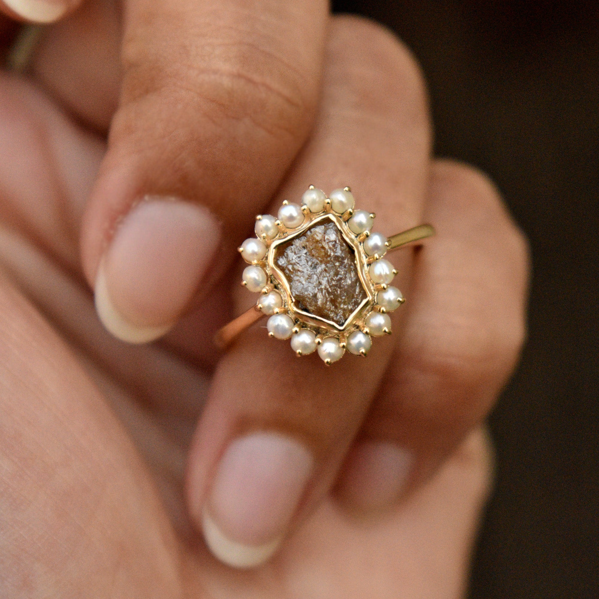 1.3 Carat Chocolate Brown Rough Diamond Ring with Fresh Water Pearl Halo