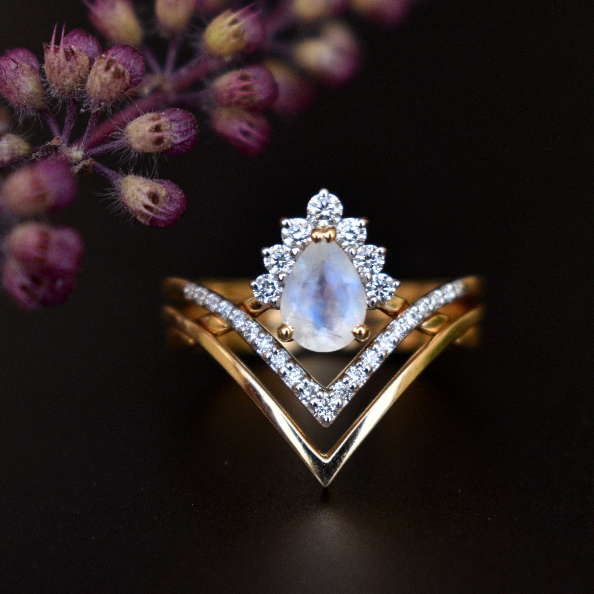 3pc Moonstone Crossover Bridal Set with Chevron V Crown Ring