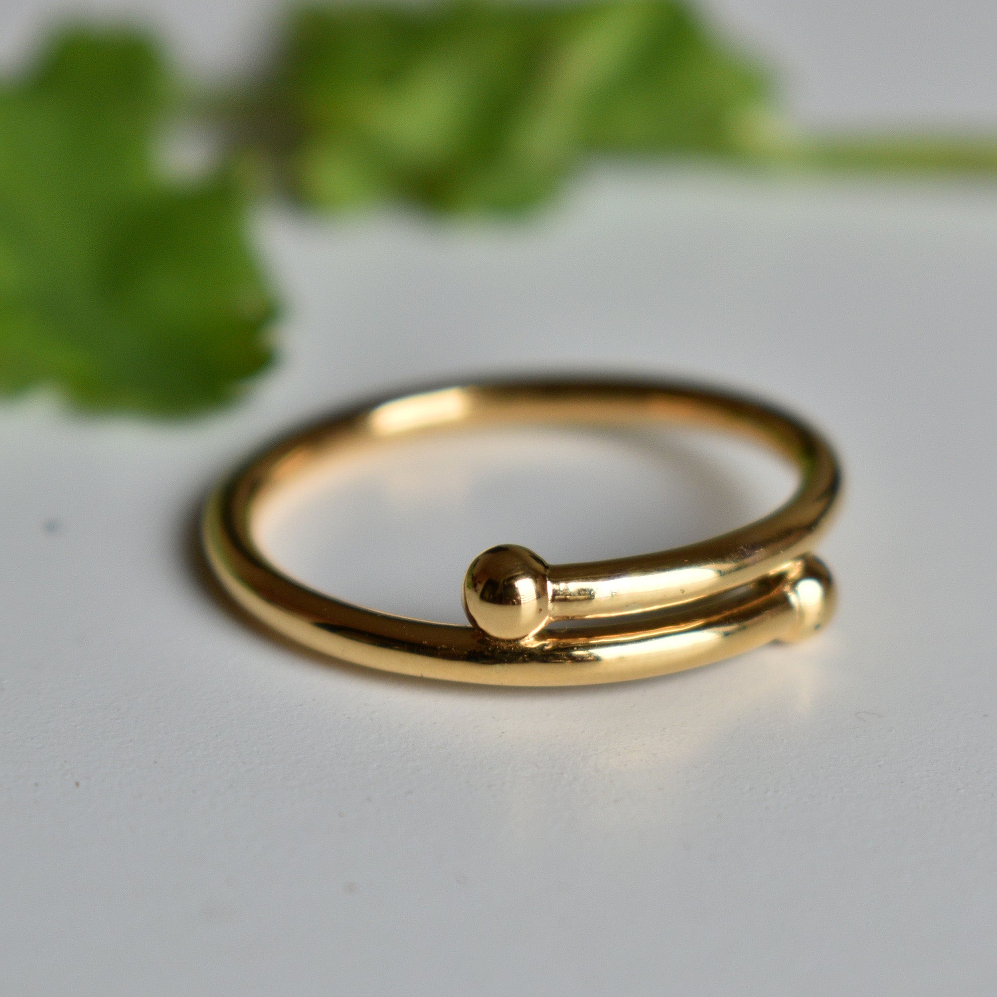 2mm Solid 14k Yellow Gold Bypass Ring with 3mm Ball Ends
