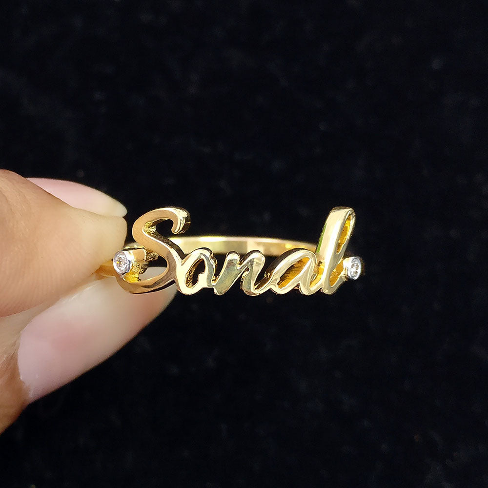 Custom Single Name Ring in Solid  Gold and Diamonds