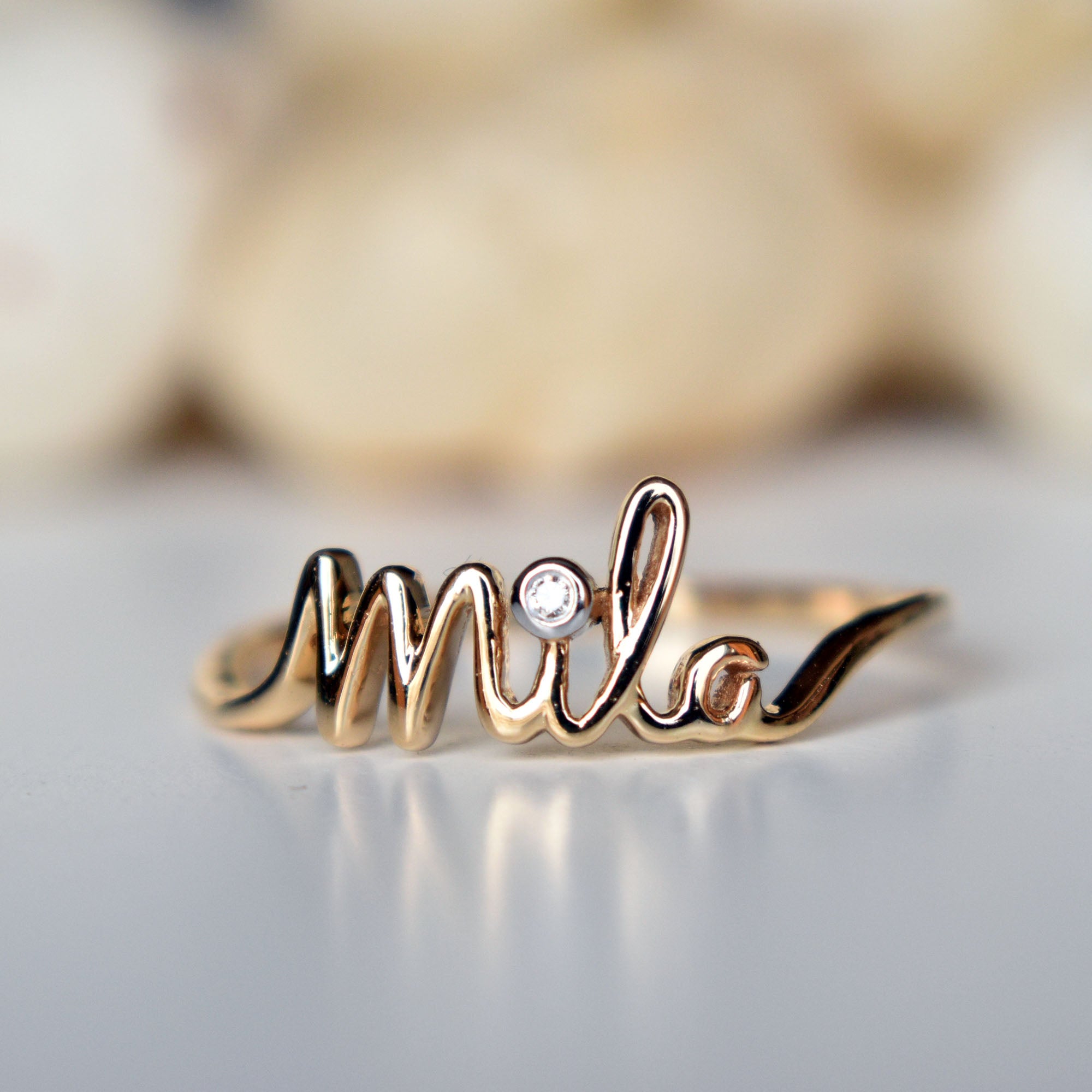 Custom Single Name Ring in Solid Gold and Diamonds Abhika Jewels