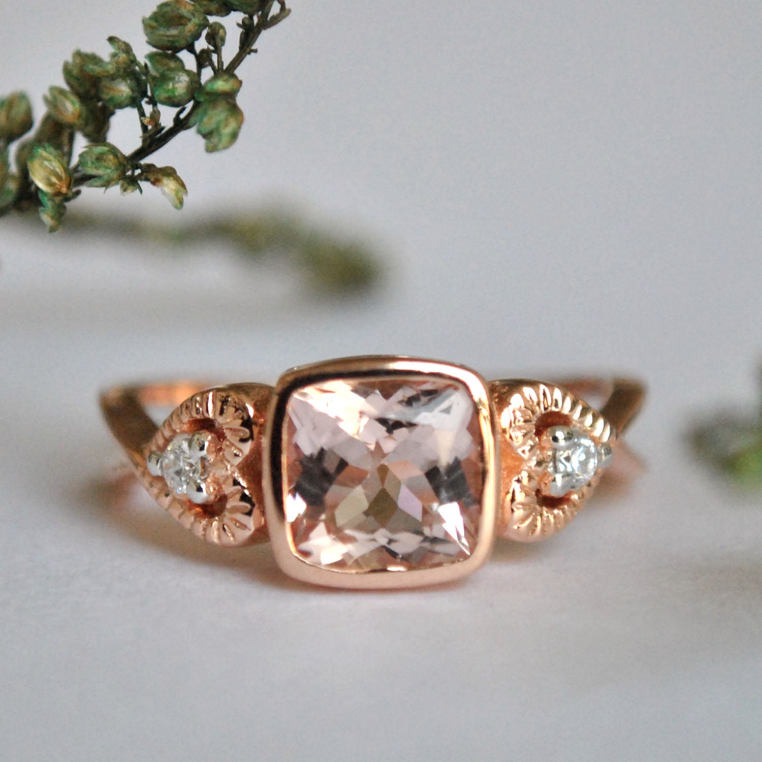 Rose Gold Cushion Morganite Ring with Accent Diamond in Heart Shape