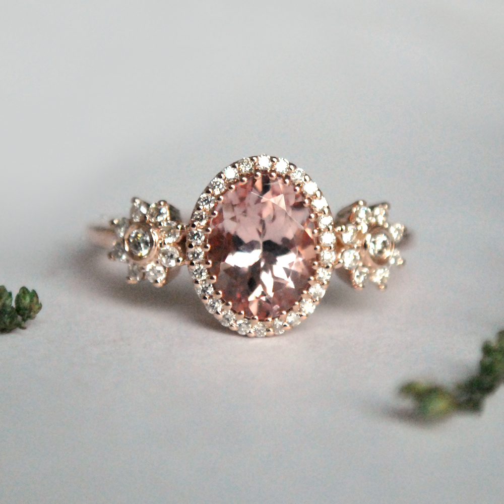 Oval Morganite with Diamond Halo 14K Rose Gold Ring-Abhika Jewels