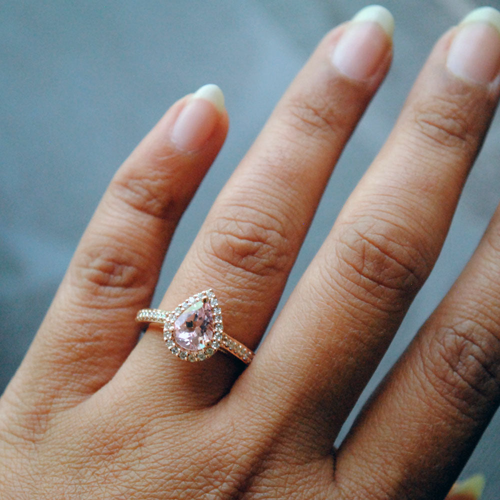 Pear Morganite & Diamonds Engagement Wave Band ring | sillyshinydiamonds