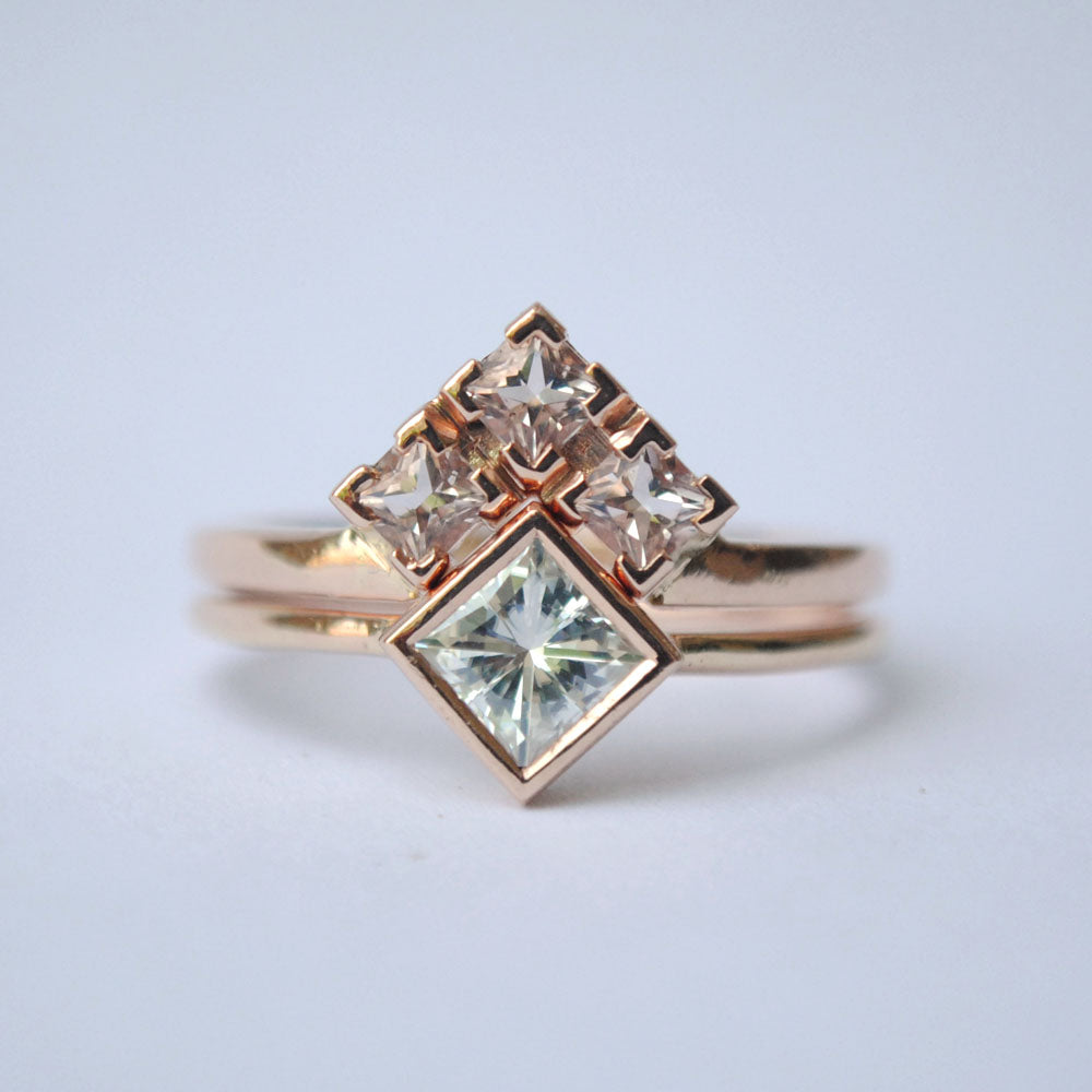 Square Moissanite Engagement Ring with Princess Morganite V Wedding Ring