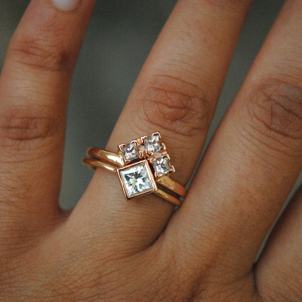 Square Moissanite Engagement Ring with Princess Morganite V