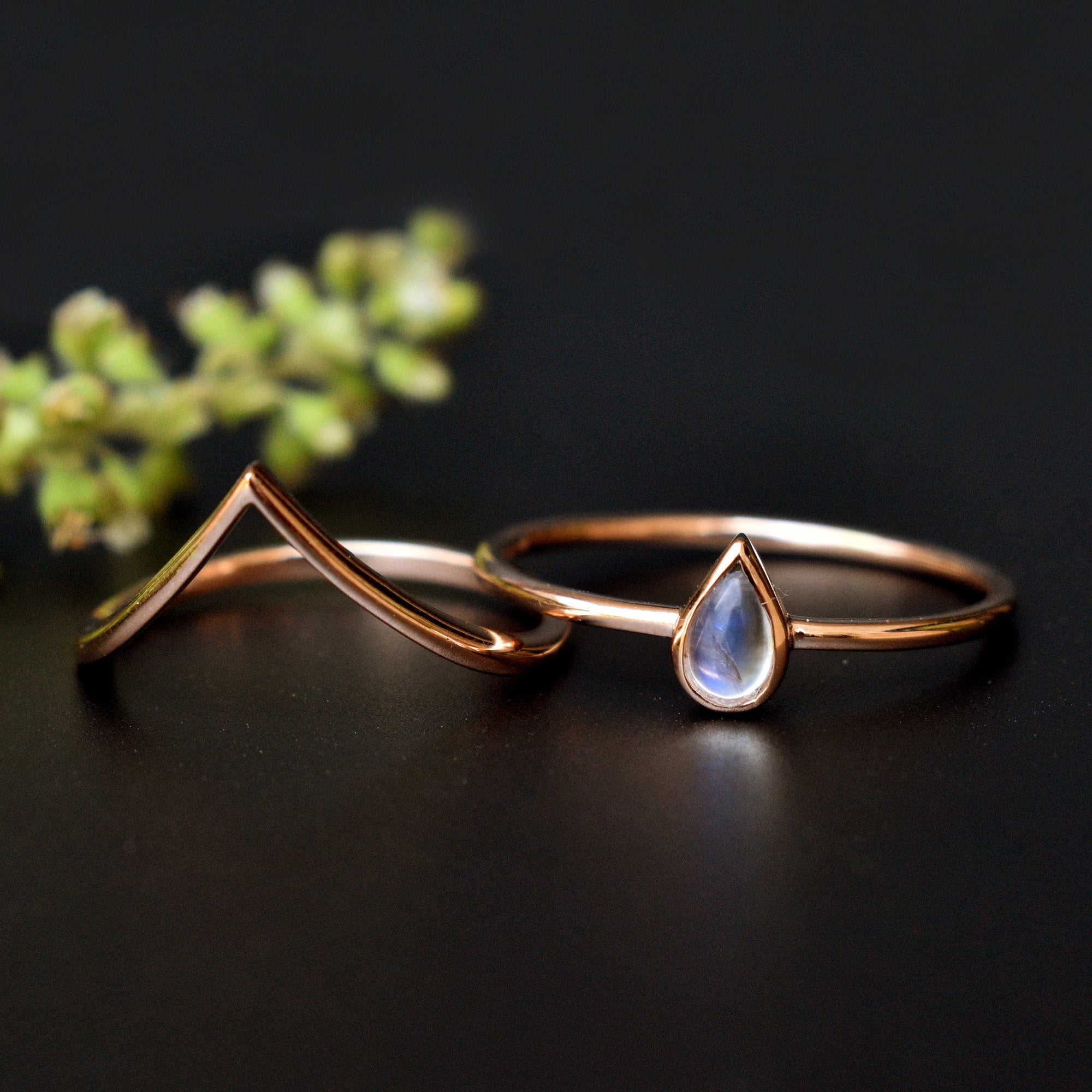 Pear Moonstone Wedding Ring Set with Deep V Stack Ring
