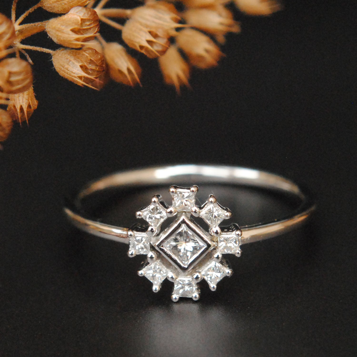 Art Deco Princess Cut Diamond Engagement Ring with Halo
