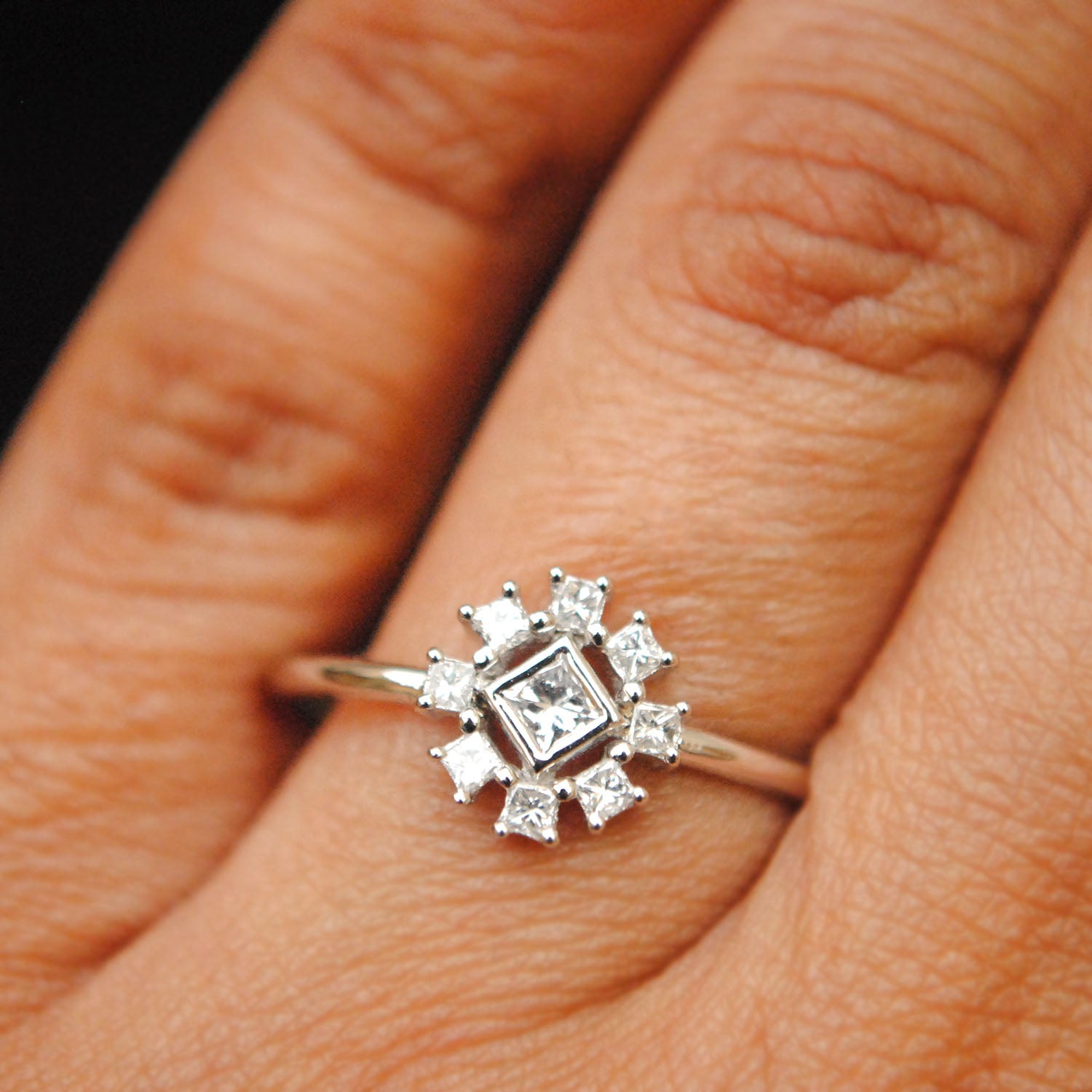 Art Deco Engagement Ring, Three Stone Diamond Ring in Square Shape Setting,  18 Carat & Platinum, Circa 1920s. - Addy's Vintage
