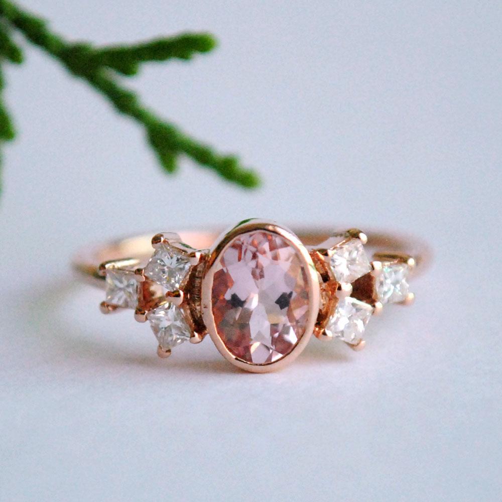 Oval Morganite Ring with Princess Diamond Cluster