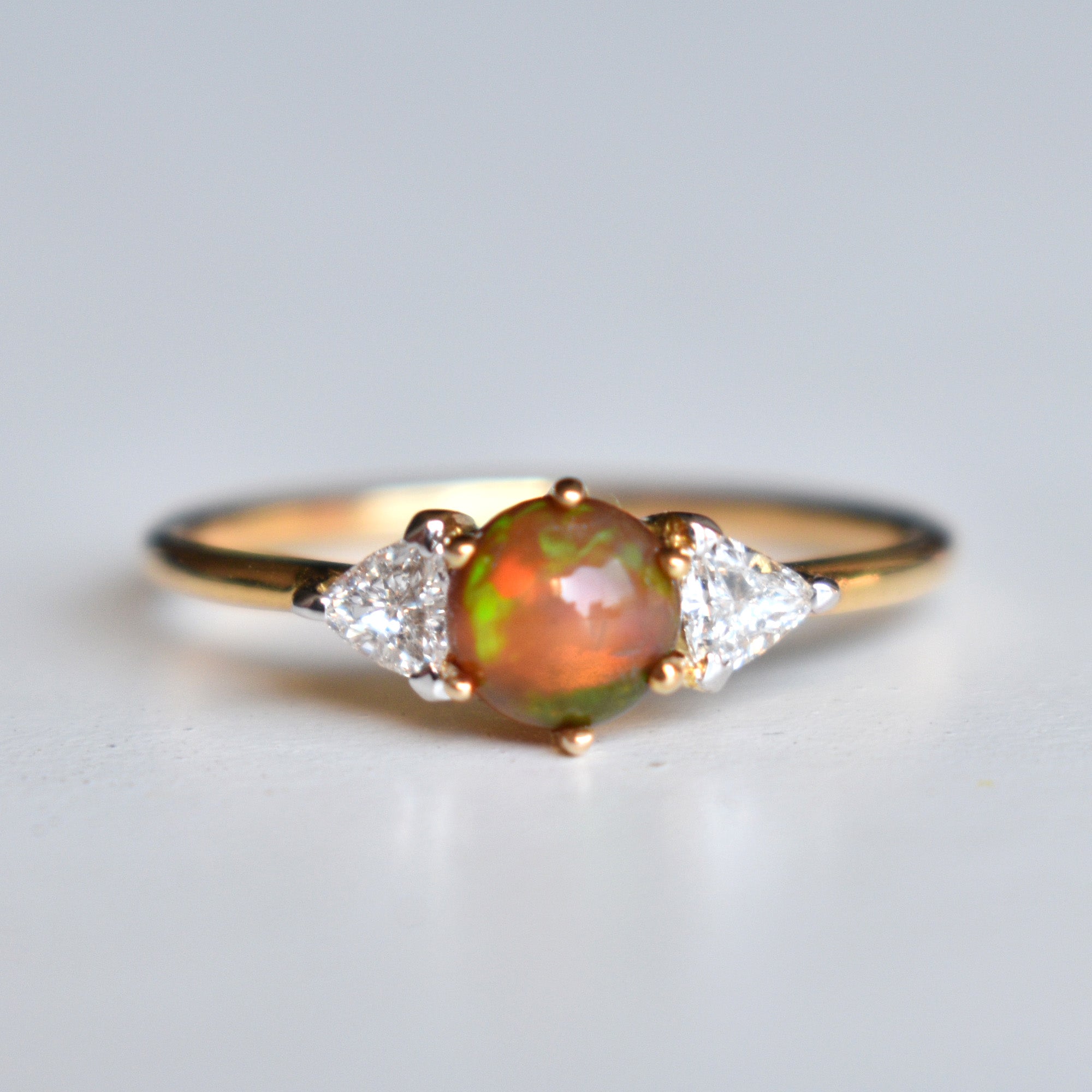 Natural Opal and Trillion Diamond 3 Stone Engagement Ring