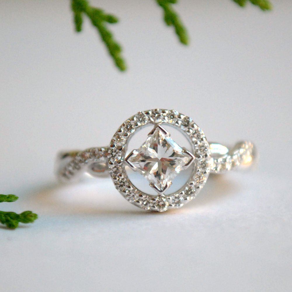 Princess Cut with Round Halo and  Twisted Diamond Band Engagement Ring