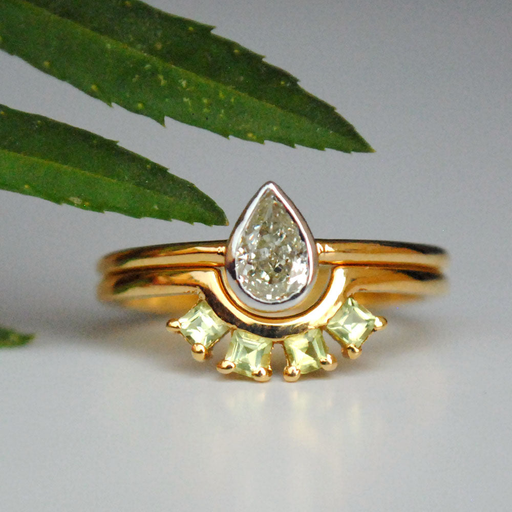 Bezel Pear Diamond Ring and Green Peridot Square Band