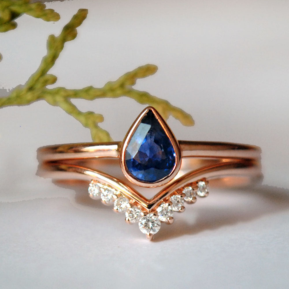Natural Pear Blue Sapphire and Diamond Ring  with Chevron V Ring Wedding Set