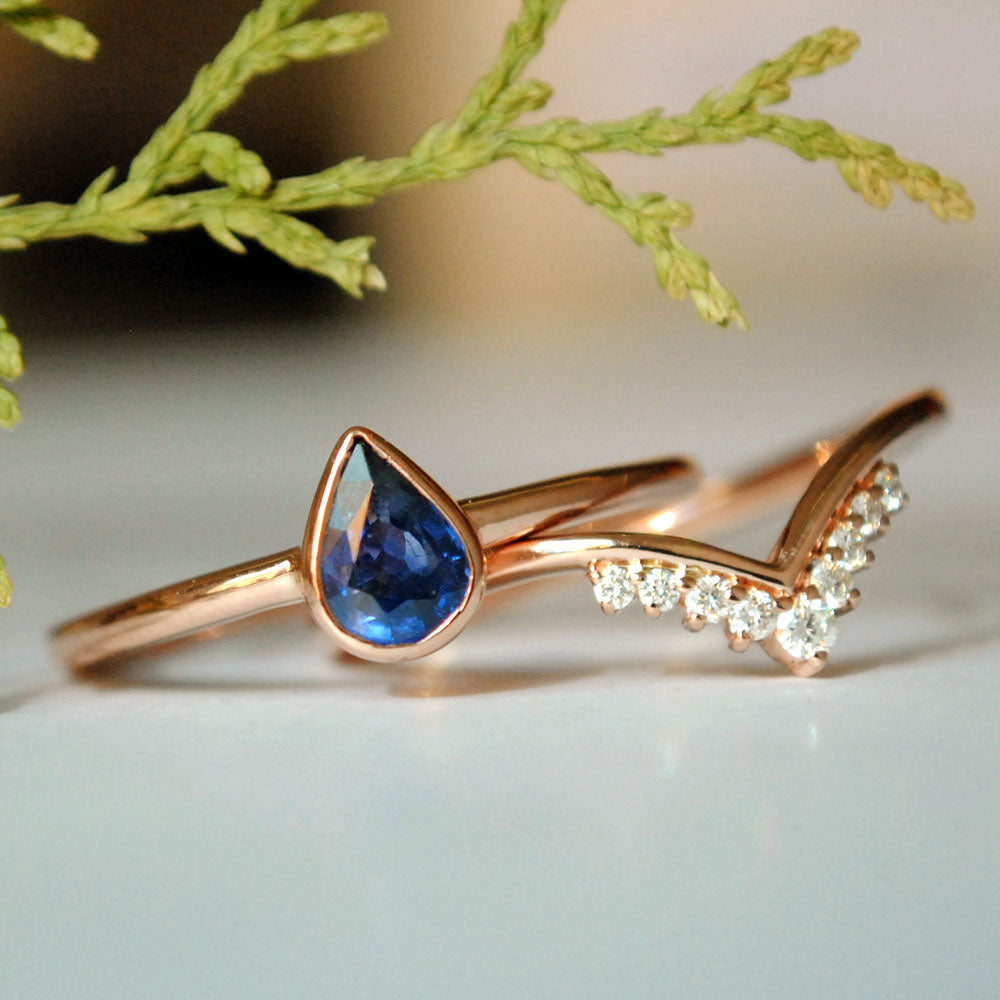 Natural Pear Blue Sapphire and Diamond Ring with Chevron V Ring Weddin Abhika Jewels