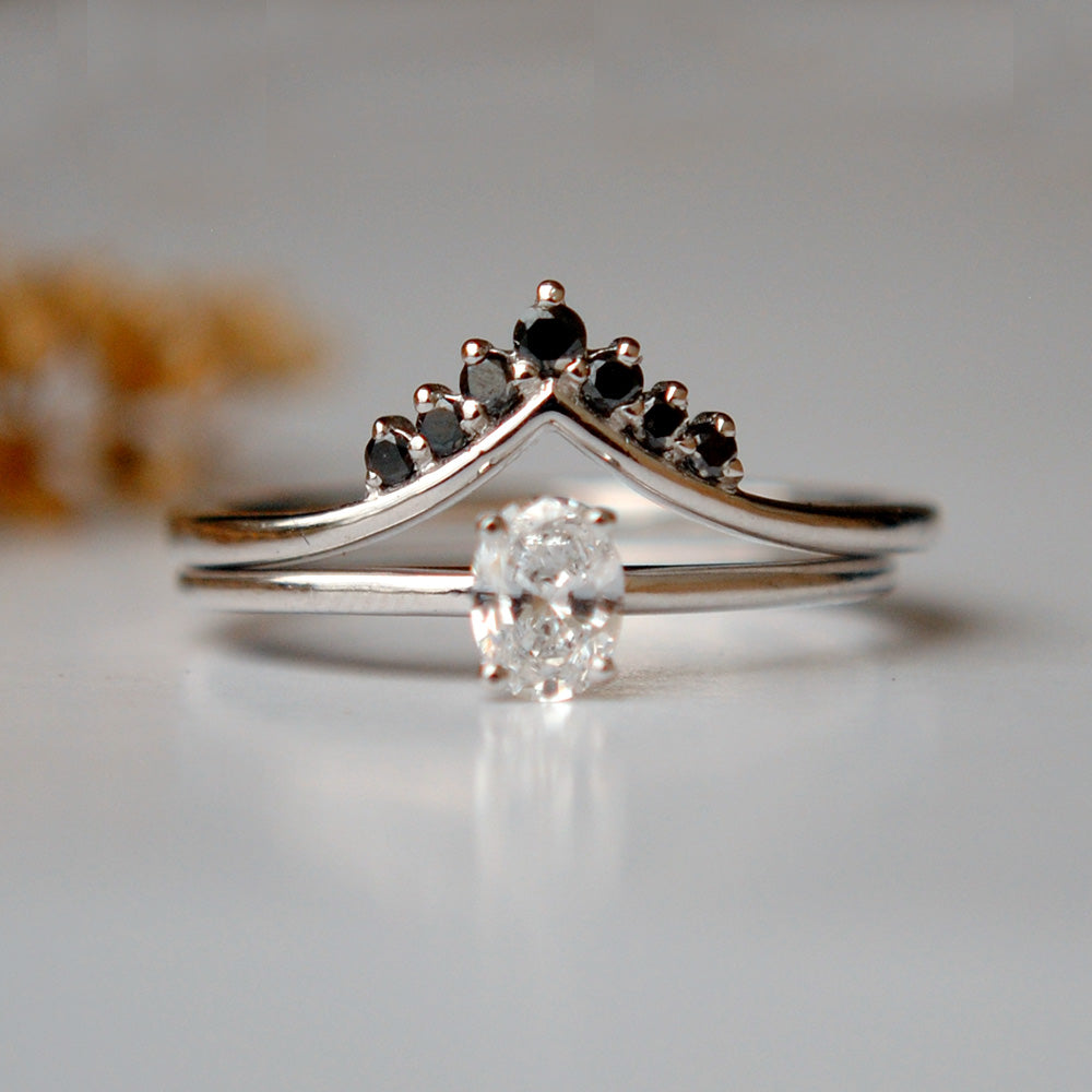Oval Diamond Engagement Ring Set with Black Diamond Chevron Tiara Ring