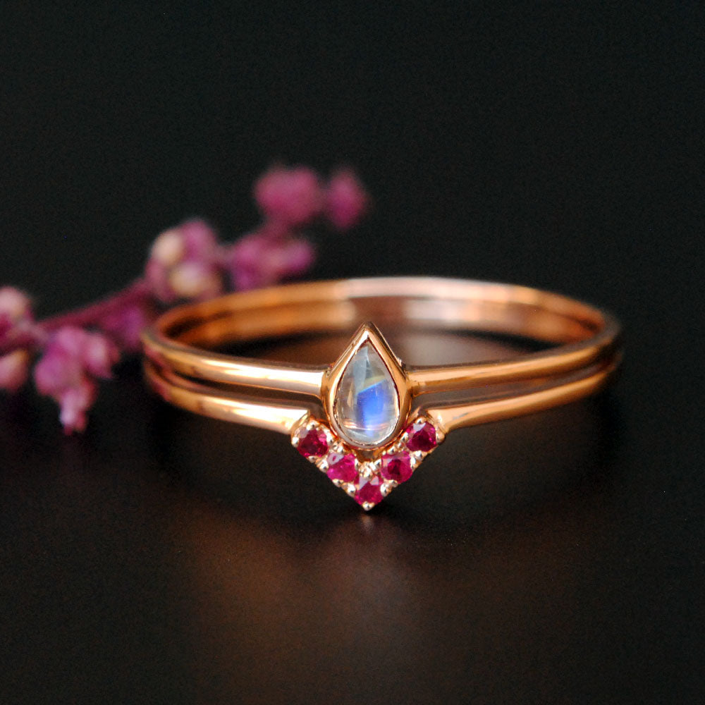 Pear Rainbow Moonstone and Ruby Chevron Wedding Ring Set