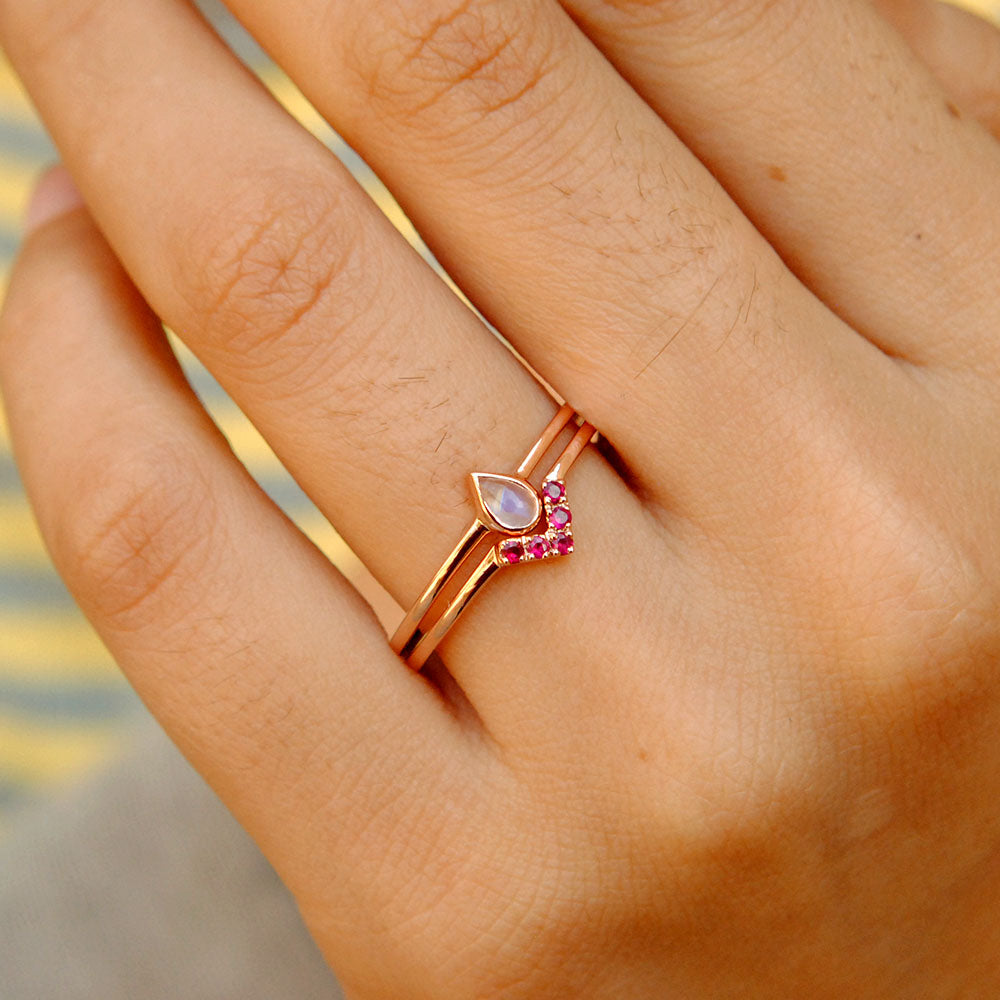 Pear Rainbow Moonstone and Ruby Chevron Wedding Ring Set Abhika