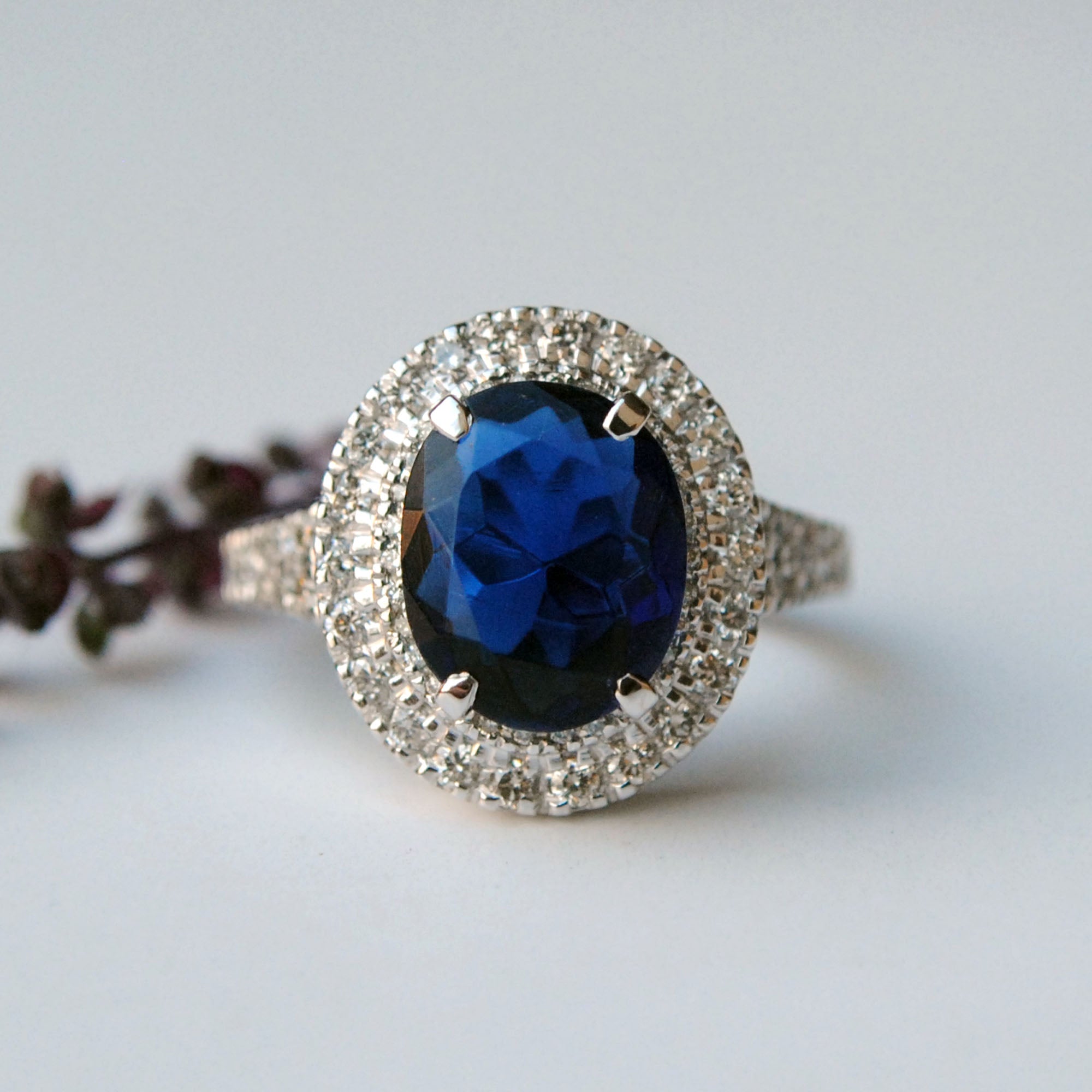 Oval Blue Sapphire & Double Halo with Diamond Studded Shank Engagement Ring