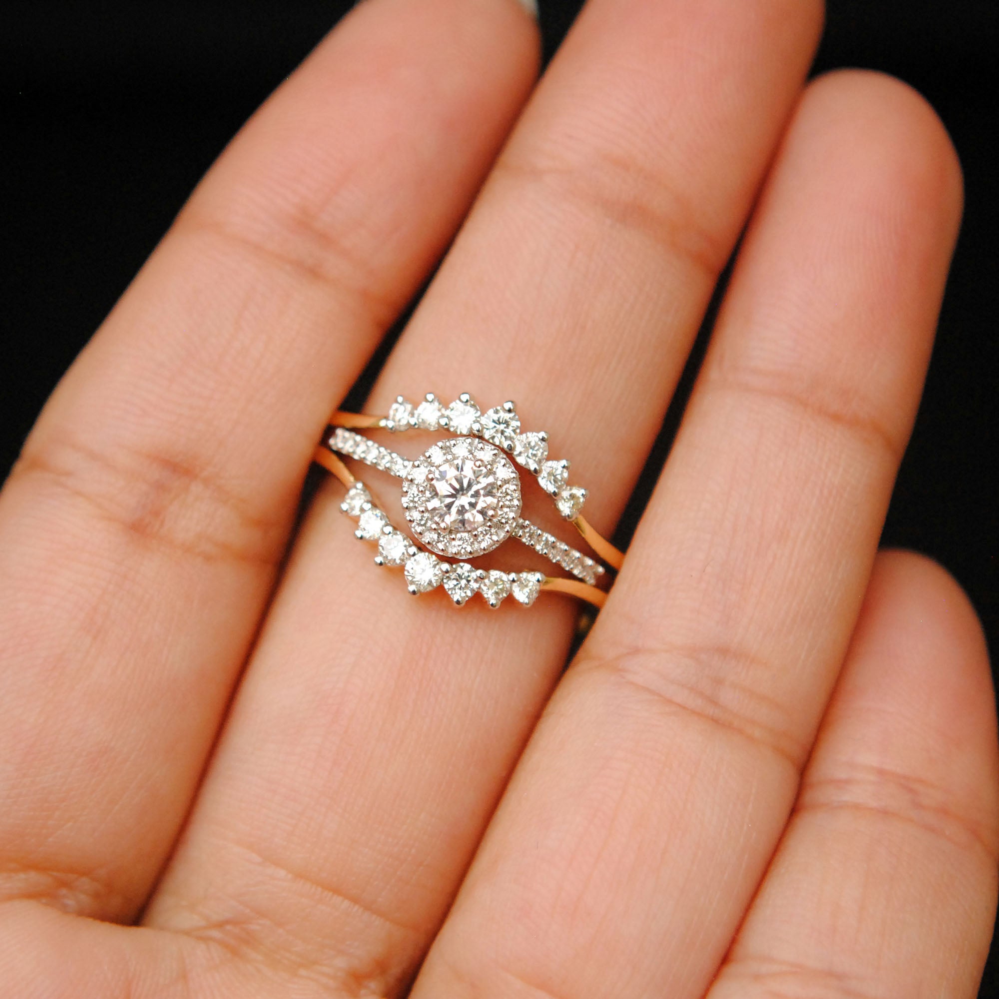 Three Piece Round Diamond Halo Engagement Ring Set With Curved Band Enhancer Rings