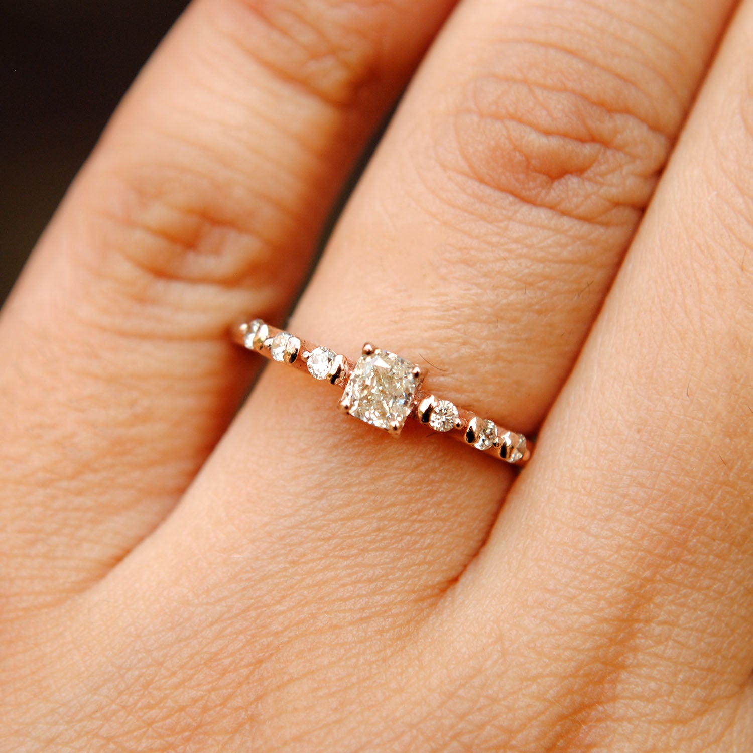 Cushion Cut Art Deco Engagement Ring. 14K Gold Cushion & Round Diamond Ring
