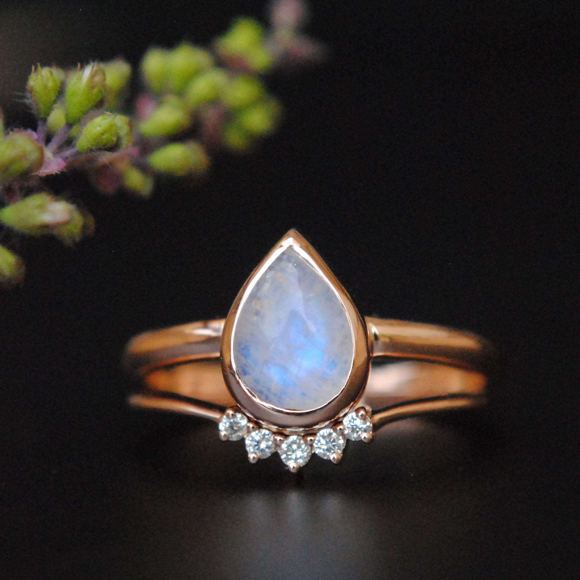 Pear Rainbow Moonstone Ring with Diamond Curved Ring Wedding Ring Set
