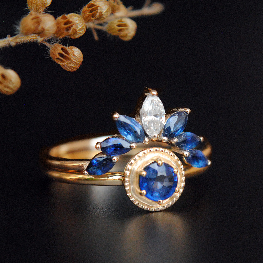 Blue Sapphire Engagement Ring with Sapphire and Diamond Curved Bridal Stack Ring Set