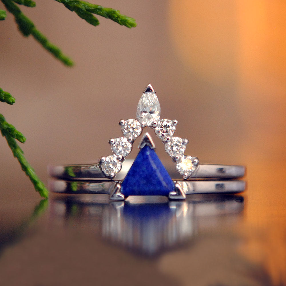 Trillion Lapis Lazuli and Diamond Wedding V Ring Set