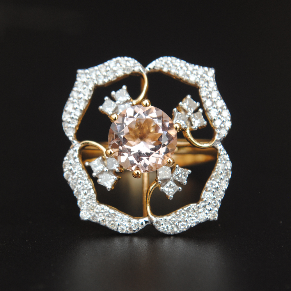 Pink Morganite with Flower Diamond Halo 14K Yellow Gold Ring-Abhika Jewels