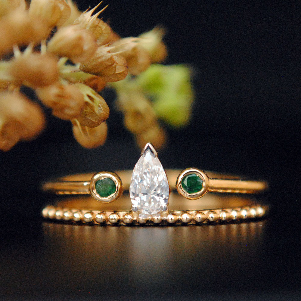 Pear Diamond and Emerald Bridal Engagement Set
