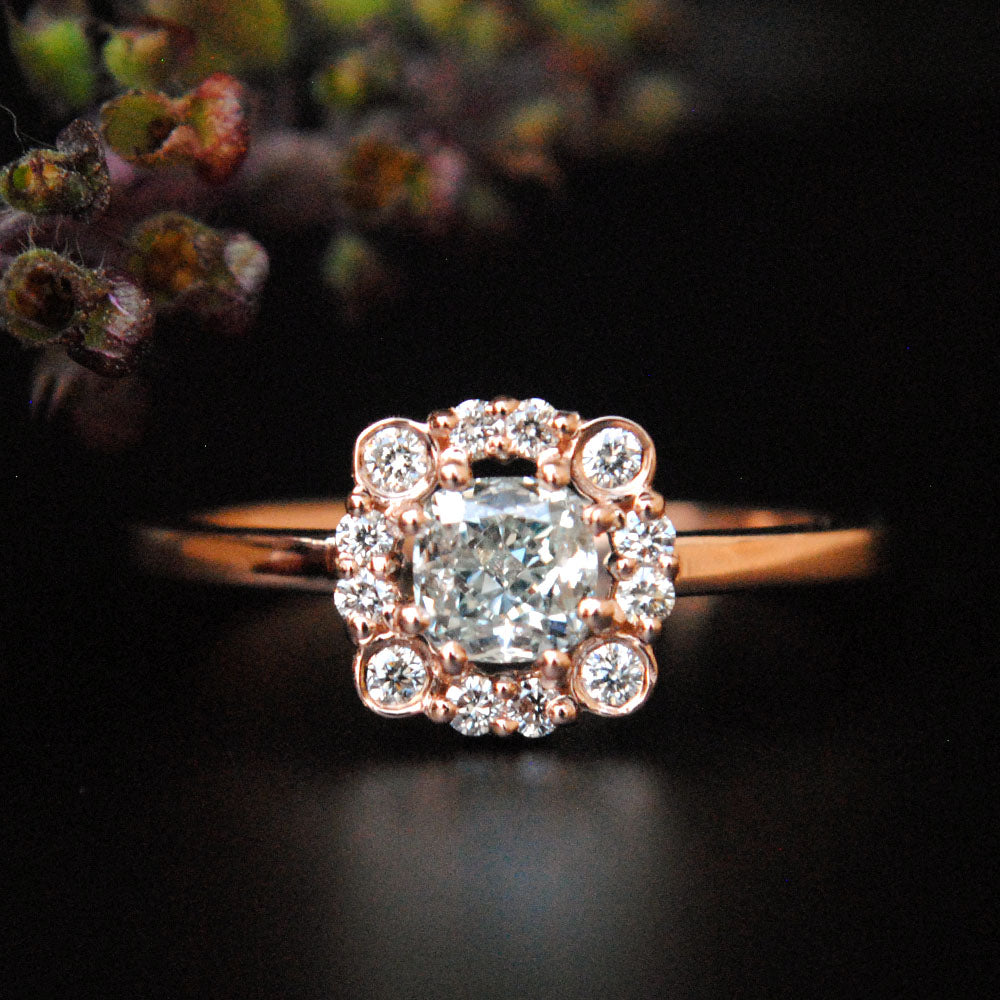 Half Carat Cushion Diamond Ring with Halo, 14k Rose Gold Unique Engagement Ring