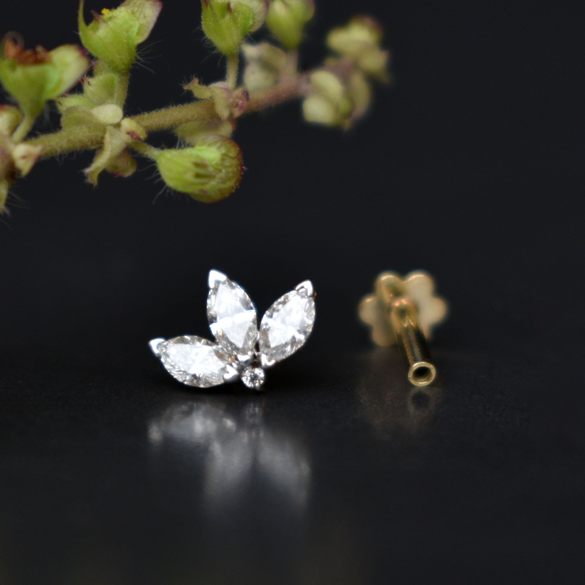 Reserved for Maria -  Marquise Lotus Stud (Single), Solid 14k White Gold, 12g Threaded Top Flatback