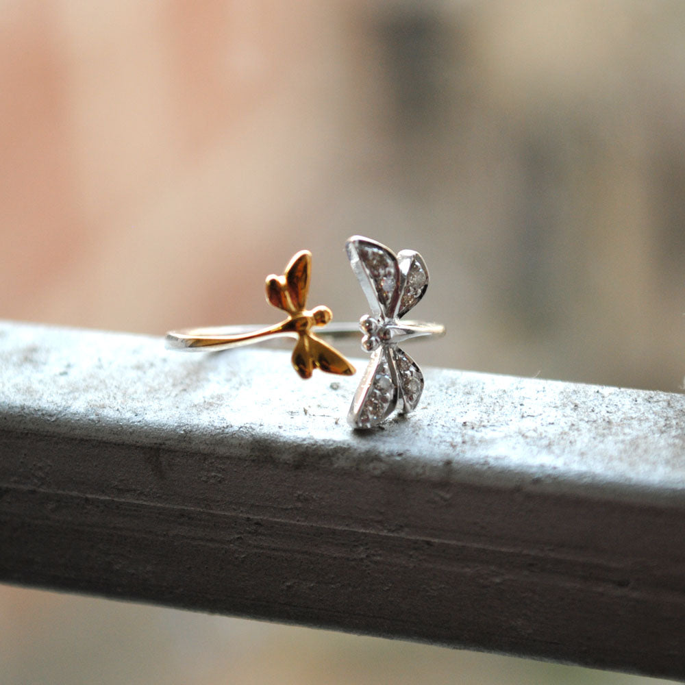 Dragonfly Open Ring In Gold and Diamond Damselfly Insect Jewelry