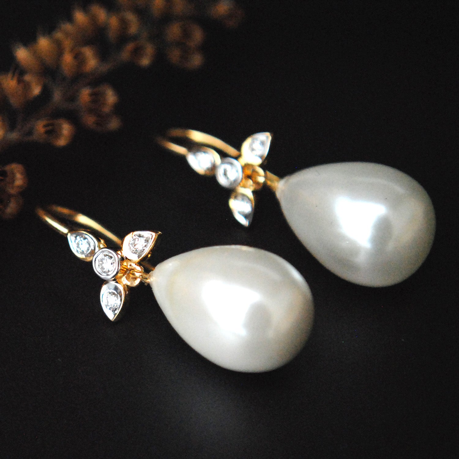 18K Pearl Drop Diamond Dangle Earrings