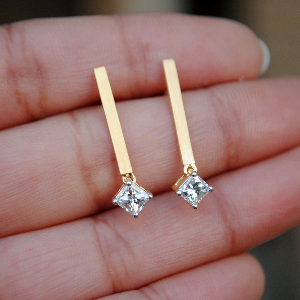 Minimal 0.65 ct Princess Cut Diamond Earrings set with 14Kt Gold Bar-Abhika Jewels