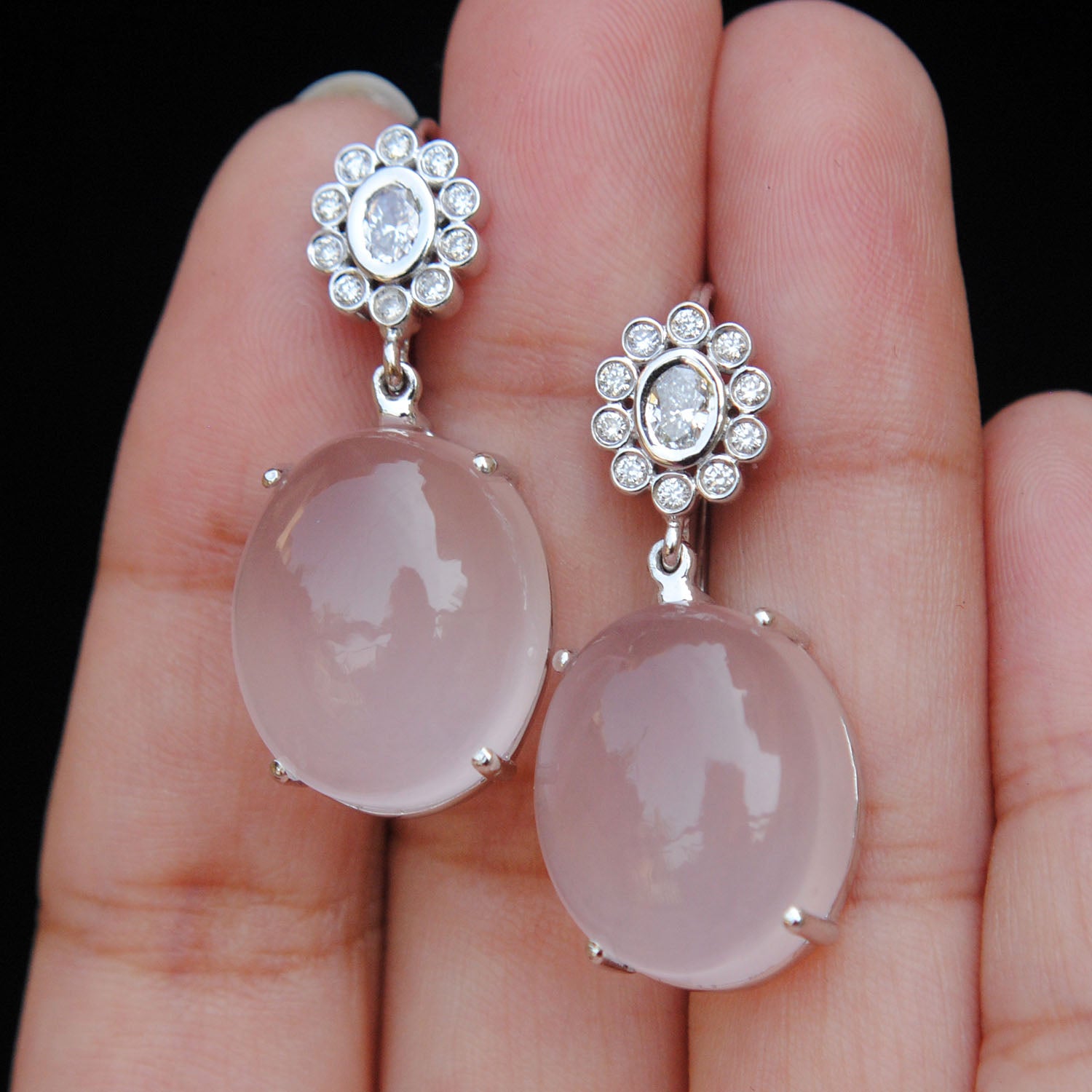 Oval Diamond and Rose Quartz Dangle 14K Gold Earrings-Abhika Jewels
