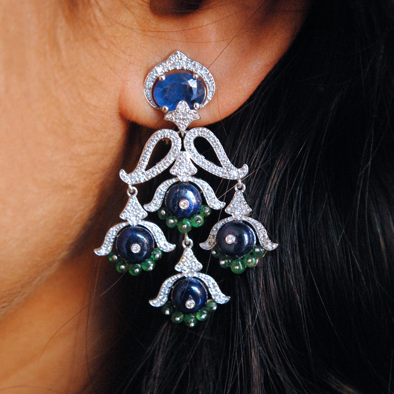 Blue Sapphire, Emerald & Diamond Dangle Earrings