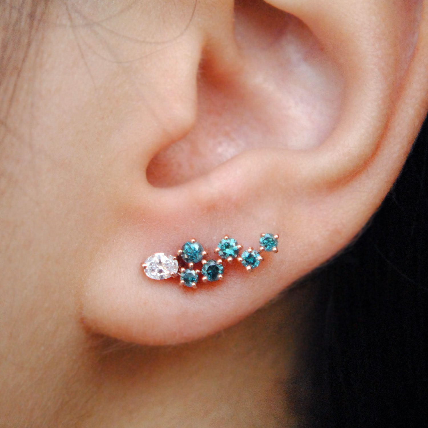 Teal & White Diamond Celestial Ear Climbers