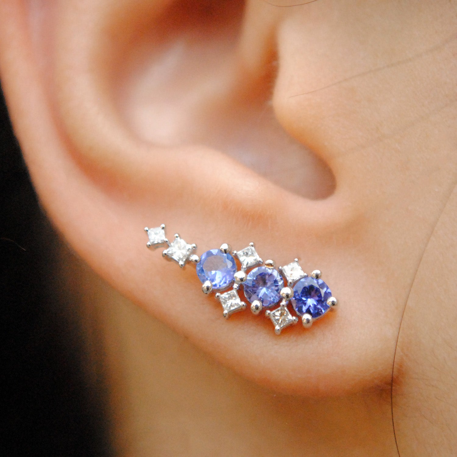 Tanzanite & Diamond Ear Climber Studs