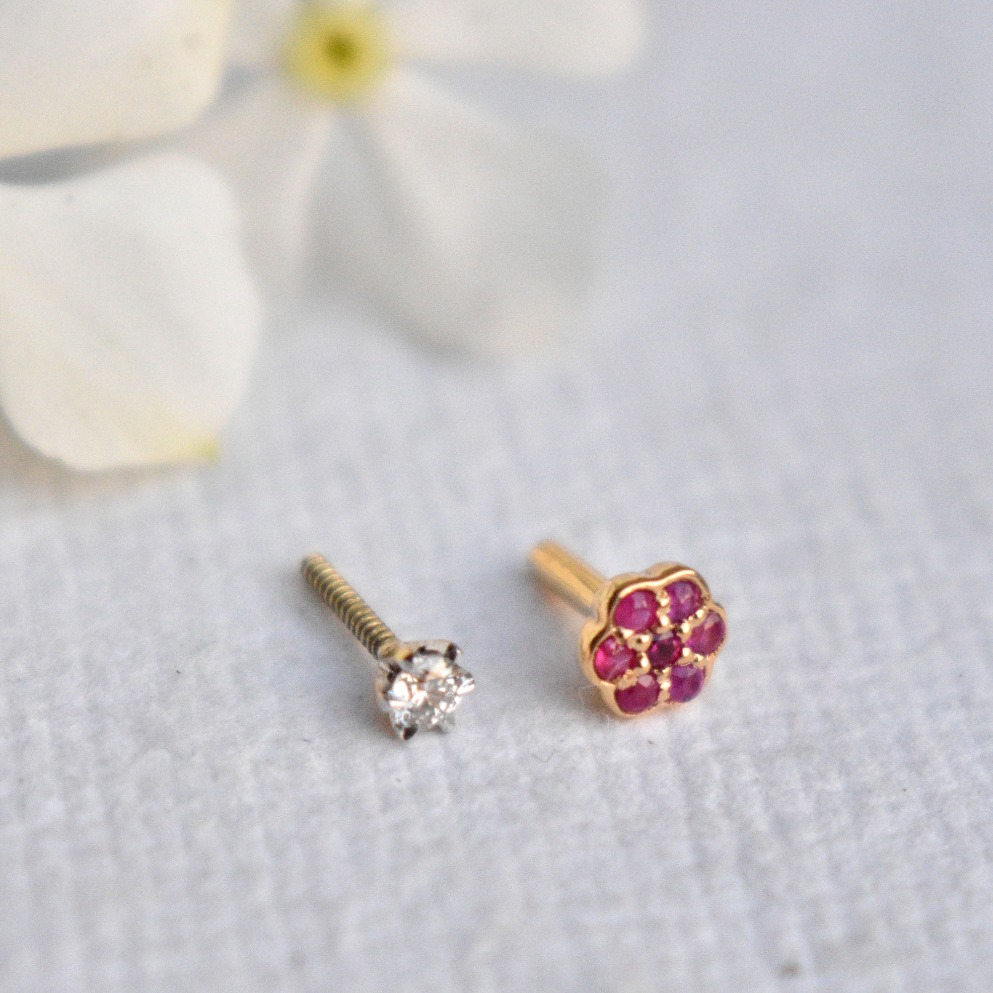 14k Double Sided Diamond & Ruby Flower Stud