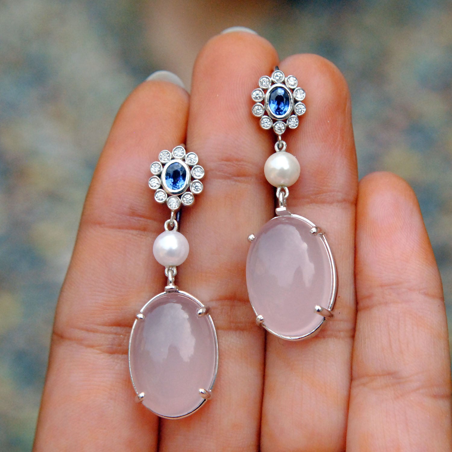 Pink Rose Quartz & Sapphire Long Dangle Silver Earrings