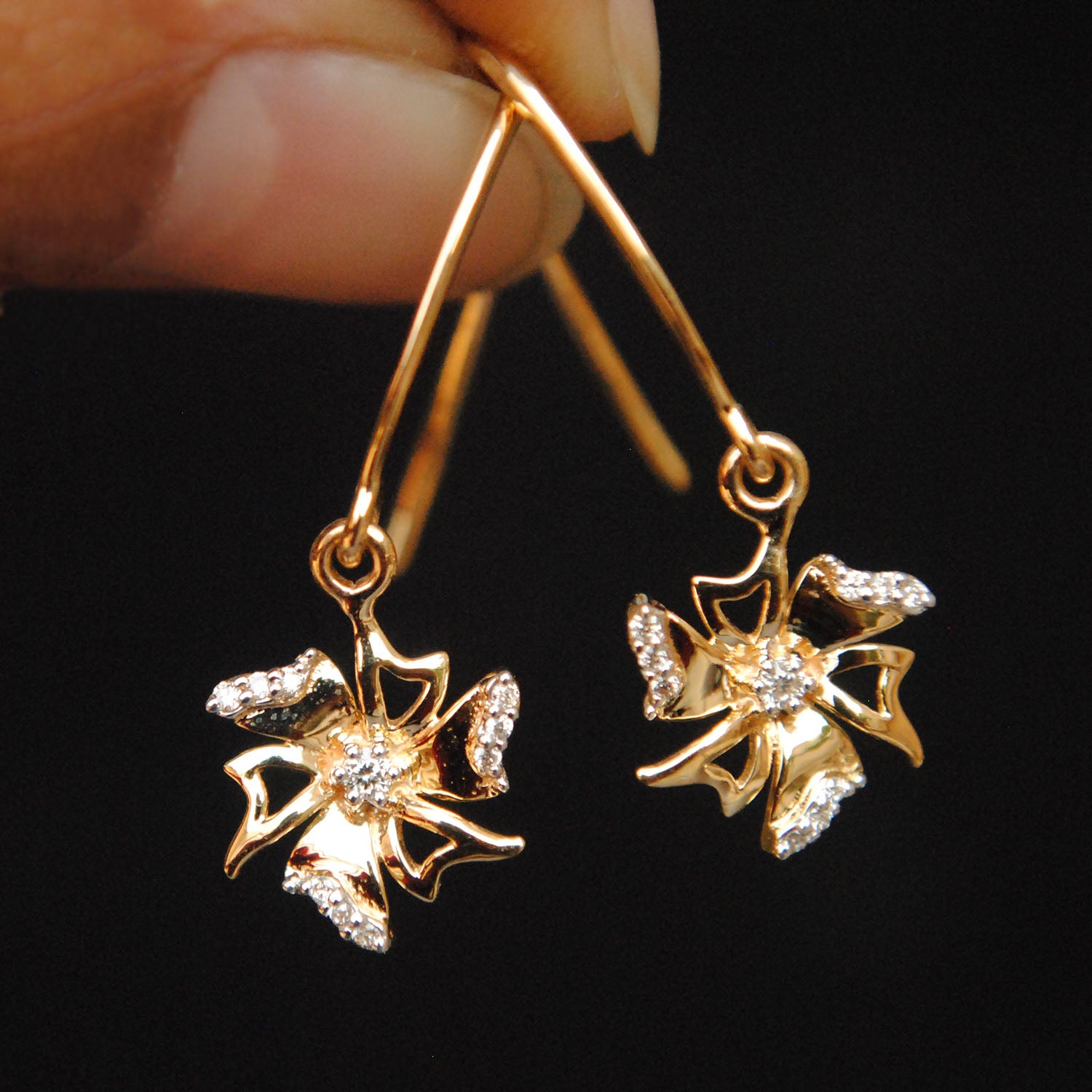 Dangling Flowers Gold and Diamond Earrings/ EarWire-Abhika Jewels