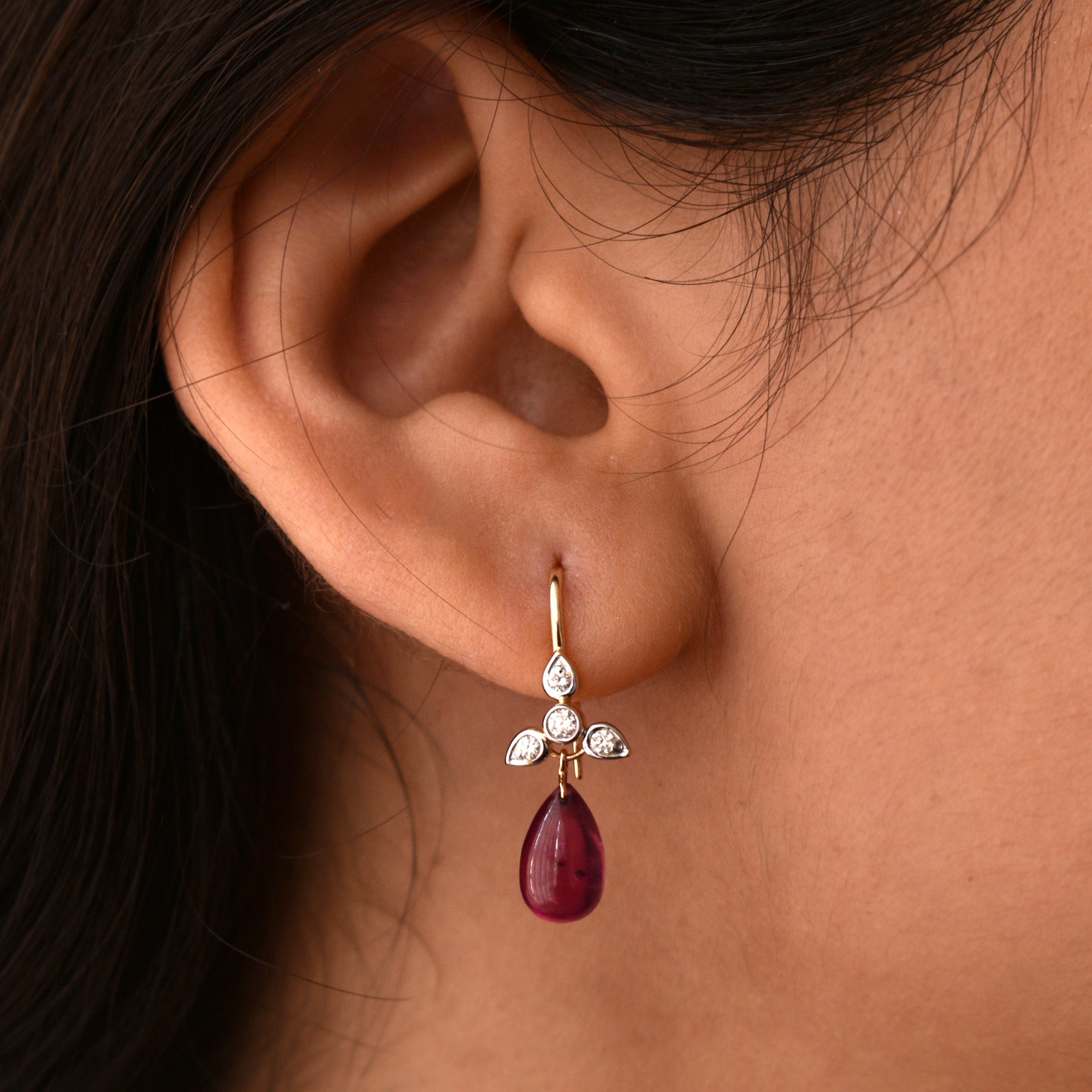 Diamond Ear Wire Earrings with Ruby Drops