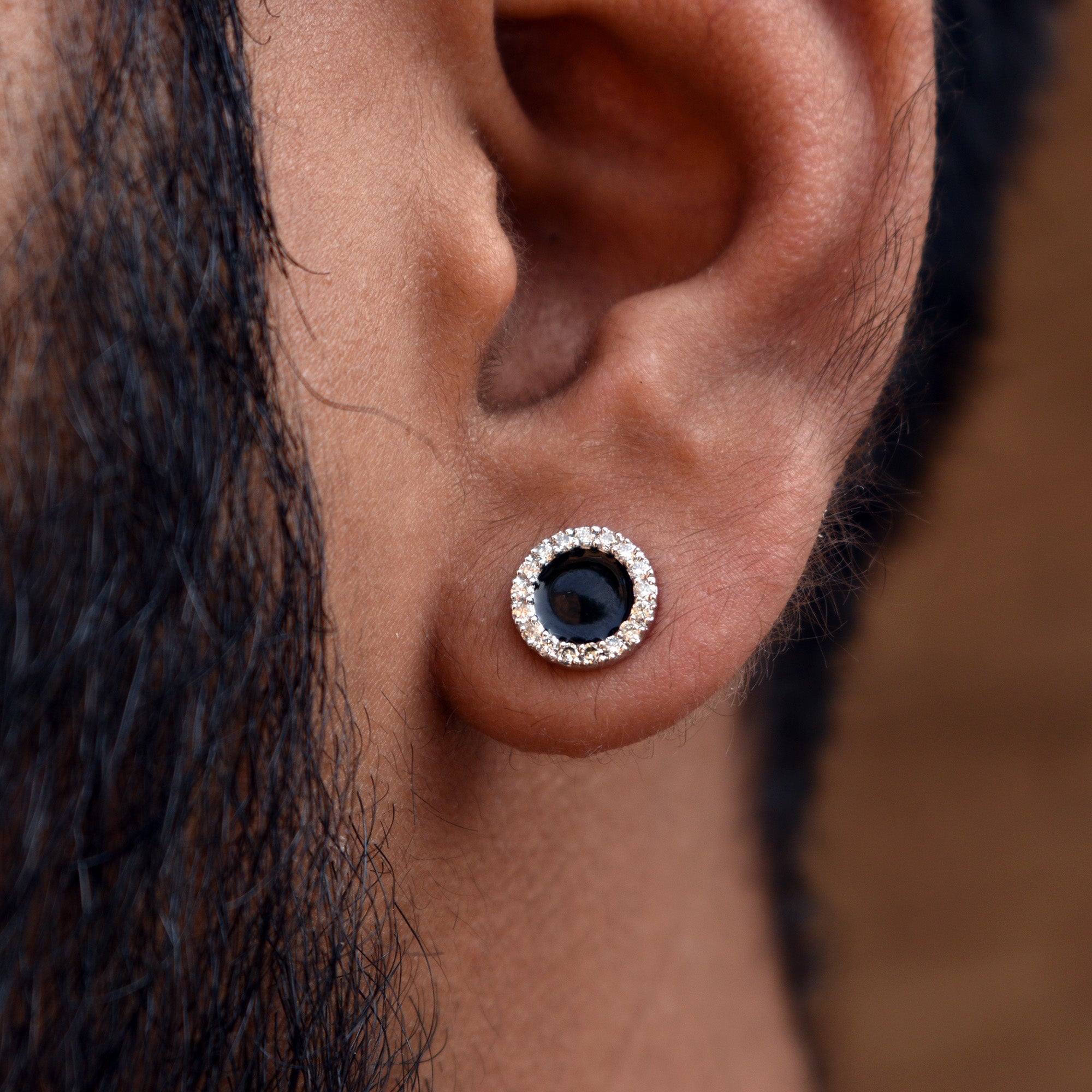 Black Enamel Unisex Stud with Diamond Halo