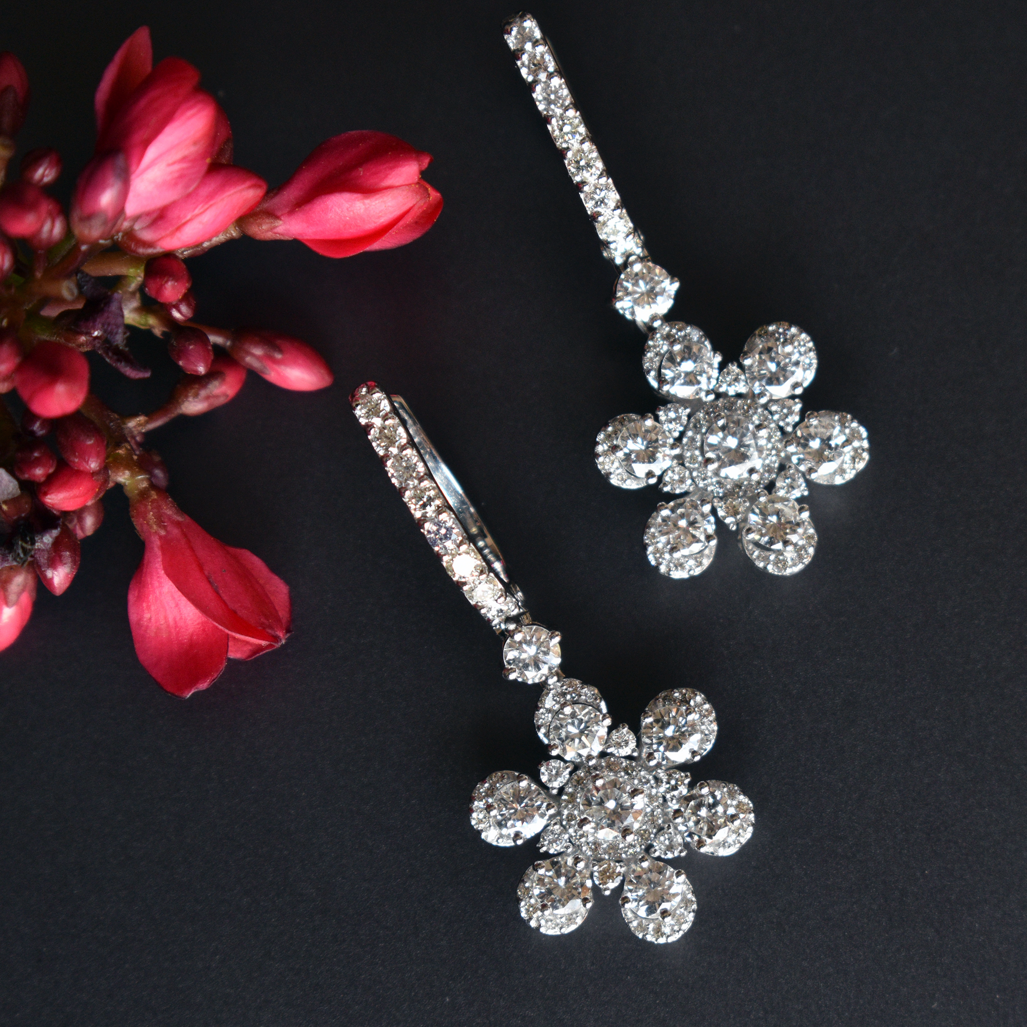Diamond Huggie Floral Dangle Earrings